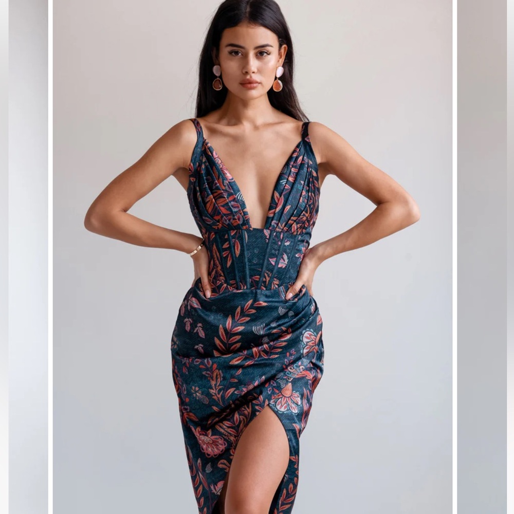 Averie Navy and Pink Floral Draped Midi Halley Dress
